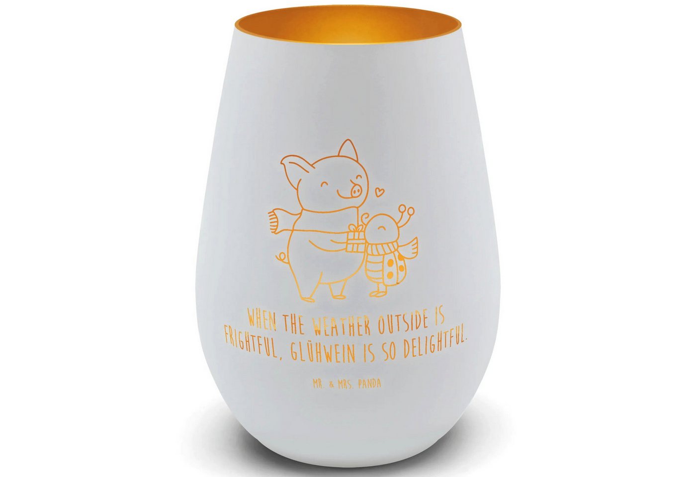 Mr. & Mrs. Panda Windlicht Glühschwein Smörle - Weiß - Geschenk, Goldener Windlichthalter, Glühw (Packung, 1 St., Gold Windlicht Glühschwein Smörle), Inklusive Teelicht von Mr. & Mrs. Panda
