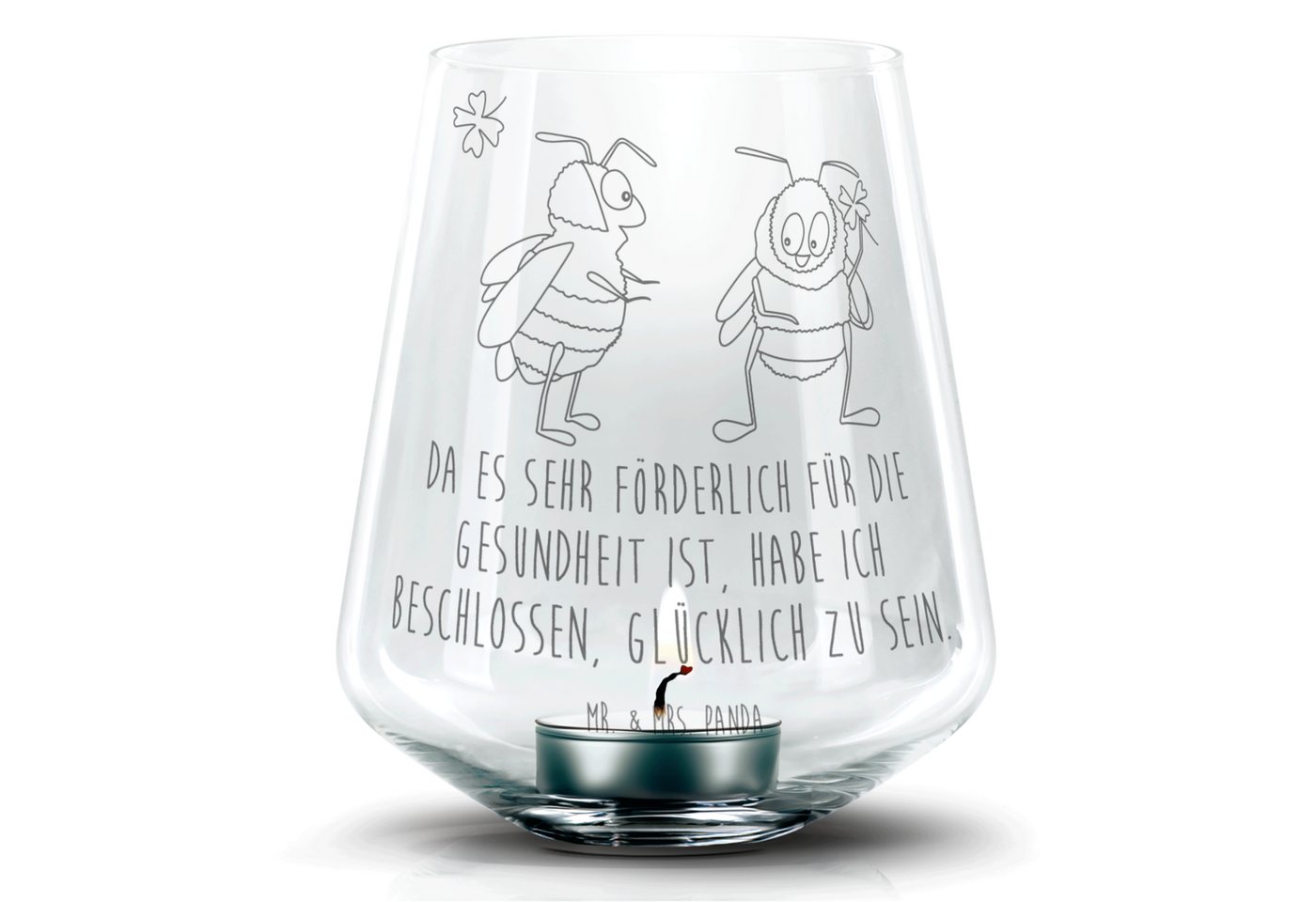 Mr. & Mrs. Panda Windlicht Hummeln Kleeblatt - Transparent - Geschenk, Spruch positiv, Teelicht (1 St), Persönliche Lasergravur von Mr. & Mrs. Panda