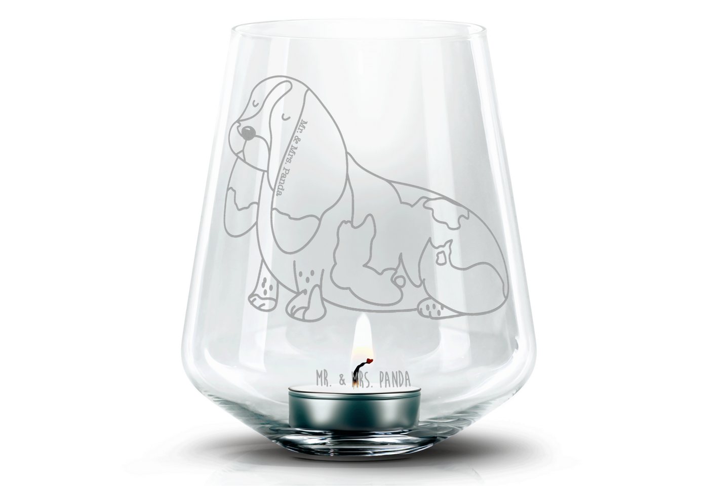 Mr. & Mrs. Panda Windlicht Hund Basset Hound - Transparent - Geschenk, Teelicht Glas mit Gravur, (1 St), Persönliche Lasergravur von Mr. & Mrs. Panda