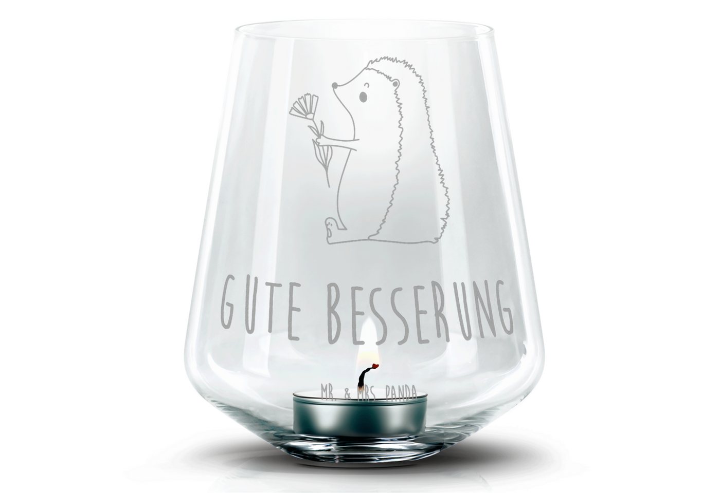 Mr. & Mrs. Panda Windlicht Igel Blumen - Transparent - Geschenk, Teelicht Glas mit Gravur, Gute (1 St), Magische Gravurmotive von Mr. & Mrs. Panda