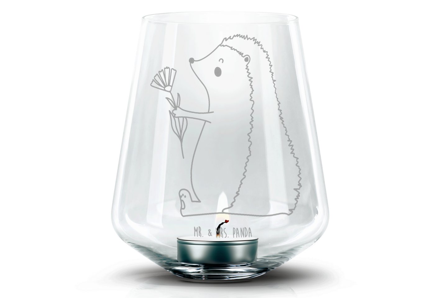 Mr. & Mrs. Panda Windlicht Igel Blumen - Transparent - Geschenk, Teelicht Glas mit Gravur, Tierm (1 St), Handarbeit mit Liebe von Mr. & Mrs. Panda