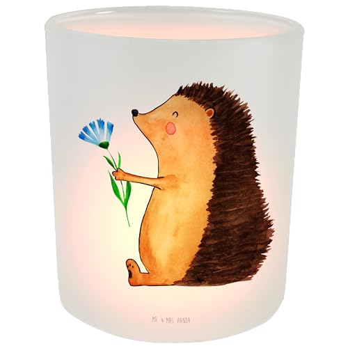 Mr. & Mrs. Panda Windlicht Igel Blumen - Geschenk, Gute Laune, Tiermotive, Tiere, Kerzenglas, Windlicht Kerze, Windlicht Glas, Gute Besserung, von Mr. & Mrs. Panda