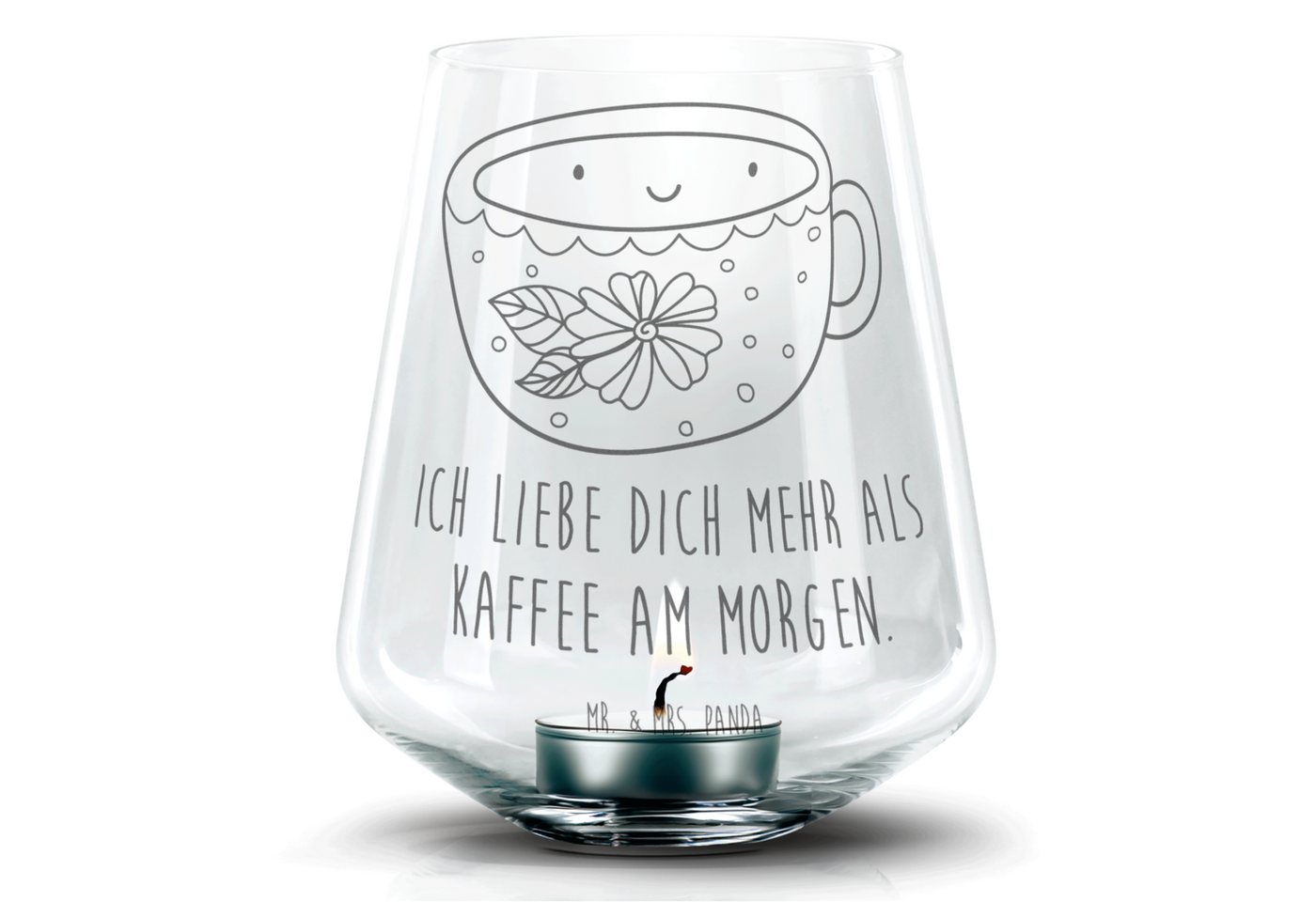 Mr. & Mrs. Panda Windlicht Kaffee Tasse - Transparent - Geschenk, Gute Laune, Teelicht Glas mit (1 St), Individuelle Gravur von Mr. & Mrs. Panda