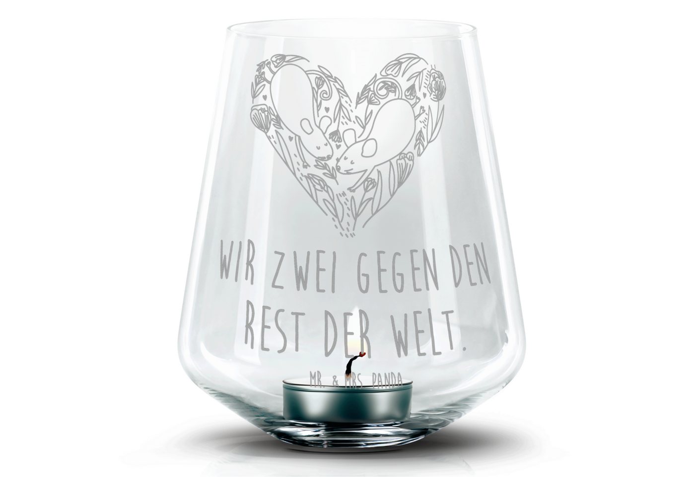 Mr. & Mrs. Panda Windlicht Mäuse Herz - Transparent - Geschenk, Teelichtglas, Heiraten, Teelicht (1 St), Handarbeit mit Liebe von Mr. & Mrs. Panda