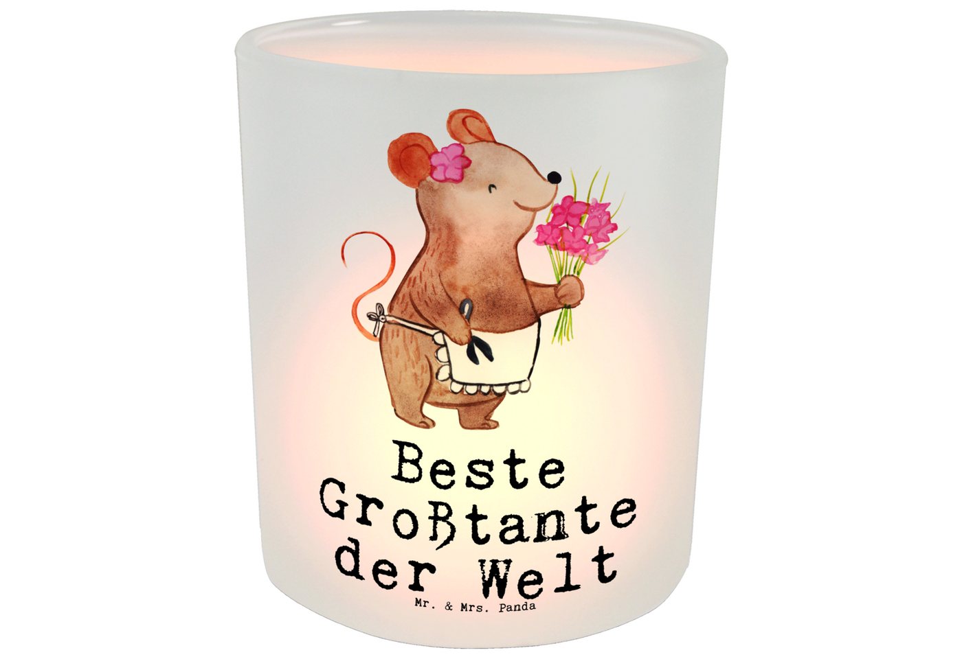 Mr. & Mrs. Panda Windlicht Maus Beste Großtante der Welt - Transparent - Geschenk, Windlicht Ker (1 St), Gemütlich von Mr. & Mrs. Panda