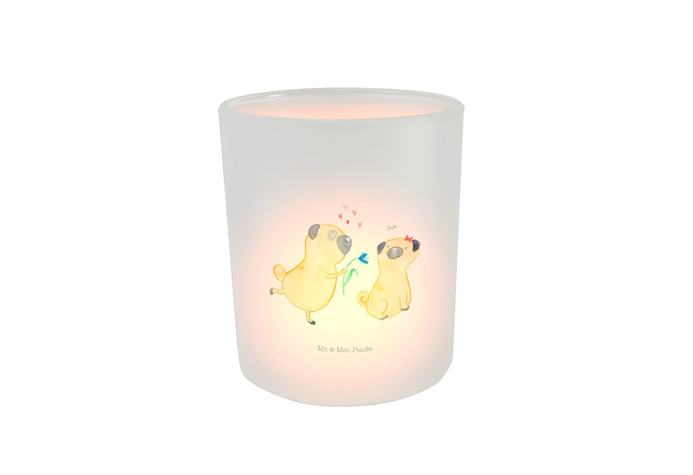 Mr. & Mrs. Panda Windlicht Mops Verliebt - Transparent - Geschenk, Kerzenglas, Sprüche, Teelicht (1 St), Hitzebeständig von Mr. & Mrs. Panda