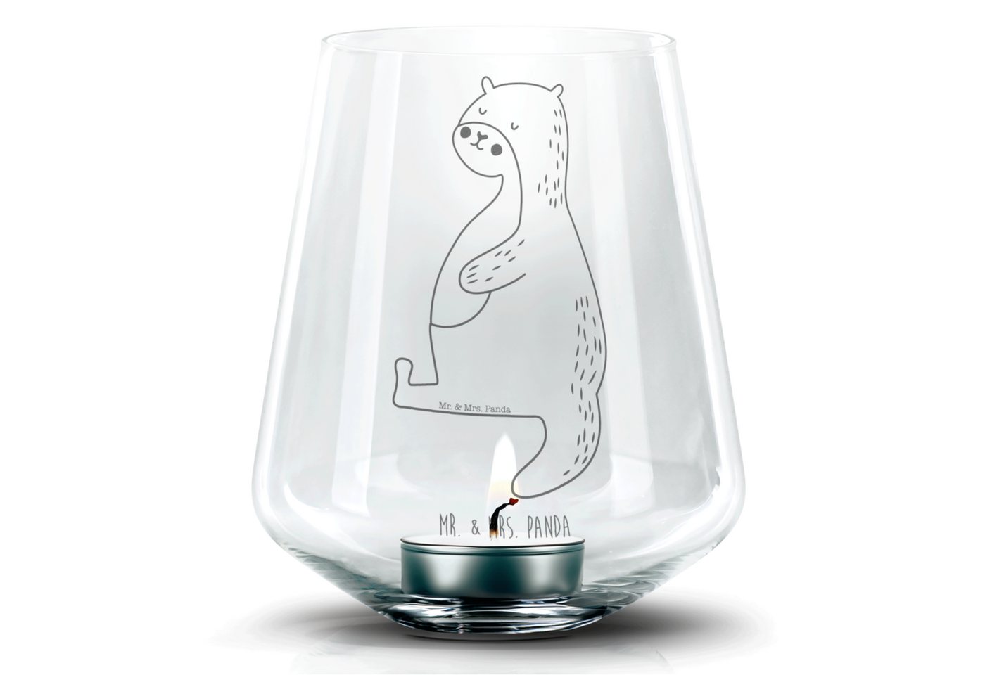 Mr. & Mrs. Panda Windlicht Otter Bauch - Transparent - Geschenk, Teelicht Glas mit Gravur, Teeli (1 St), Handarbeit mit Liebe von Mr. & Mrs. Panda