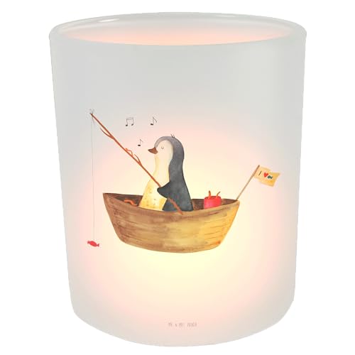 Mr. & Mrs. Panda Windlicht Pinguin Angelboot - Geschenk, Angeln, Trennung, Kerzenlicht, Leben, verträumt, Teelichter, Kerzenglas, Teelichtglas, von Mr. & Mrs. Panda