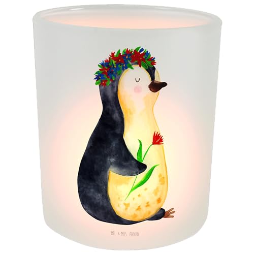 Mr. & Mrs. Panda Windlicht Pinguin Blumen - Geschenk, Blumenliebe, Leben, wunderschön, Teelichter, Wünsche, Blumenkranz, Lebensziele, Teelichtglas, von Mr. & Mrs. Panda