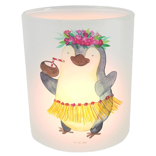 Mr. & Mrs. Panda Windlicht Pinguin Kokosnuss - Geschenk, Windlicht Kerze, Teelichthalter, Kerzenlicht, Aloha, Pinguine, Windlicht Glas, entspannt, von Mr. & Mrs. Panda