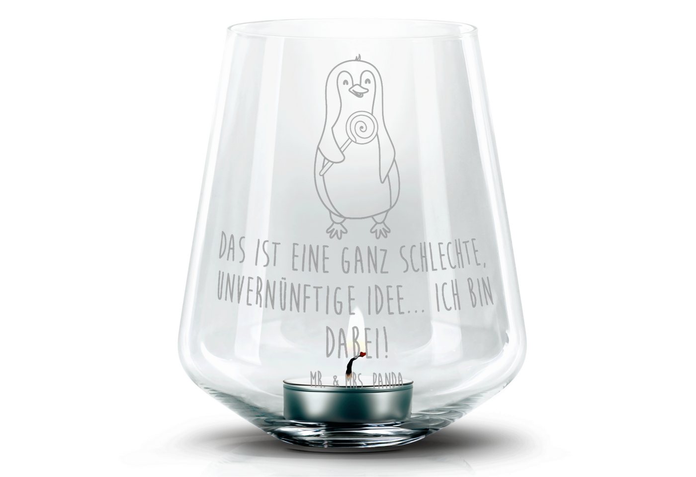 Mr. & Mrs. Panda Windlicht Pinguin Lolli - Transparent - Geschenk, Rebell, Süßigkeiten, Teelicht (1 St), Elegante Ausstrahlung von Mr. & Mrs. Panda