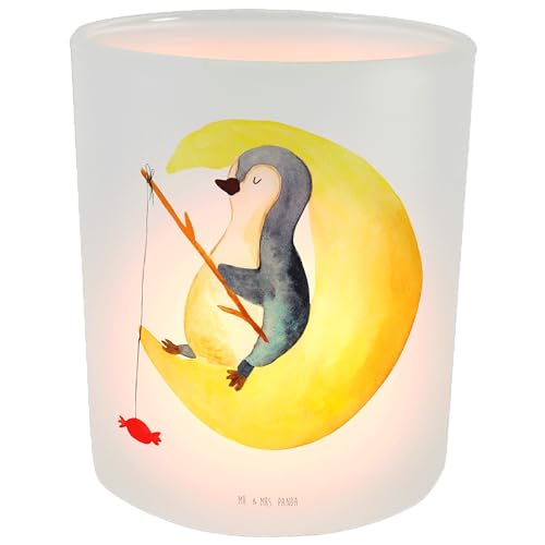 Mr. & Mrs. Panda Windlicht Pinguin Mond - Geschenk, Einschlafen, Nachtruhe, Süßigkeiten, Windlicht Glas, Schlafzimmer, Kerzenlicht, Teelichter, von Mr. & Mrs. Panda