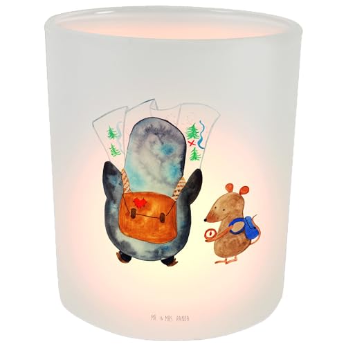 Mr. & Mrs. Panda Windlicht Pinguin & Maus Wanderer - Geschenk, Wanderlust, wandern, Ausflug, Kerzenlicht, Teelichthalter, Windlicht Kerze, von Mr. & Mrs. Panda