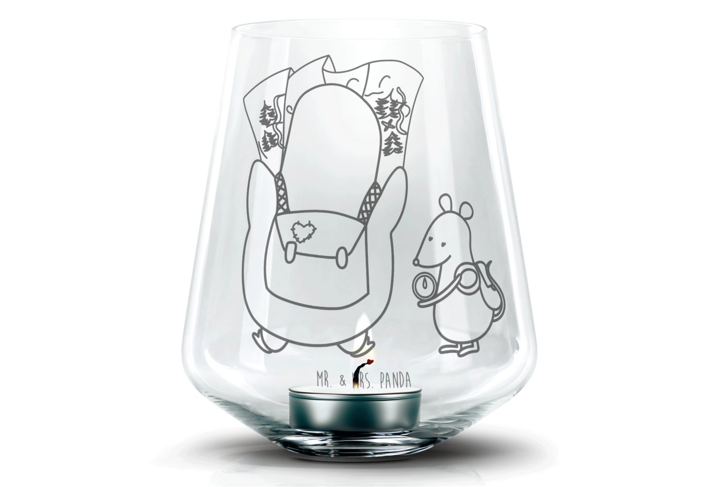 Mr. & Mrs. Panda Windlicht Pinguin & Maus Wanderer - Transparent - Geschenk, Windlicht Kerze, Ab (1 St), Magische Gravurmotive von Mr. & Mrs. Panda