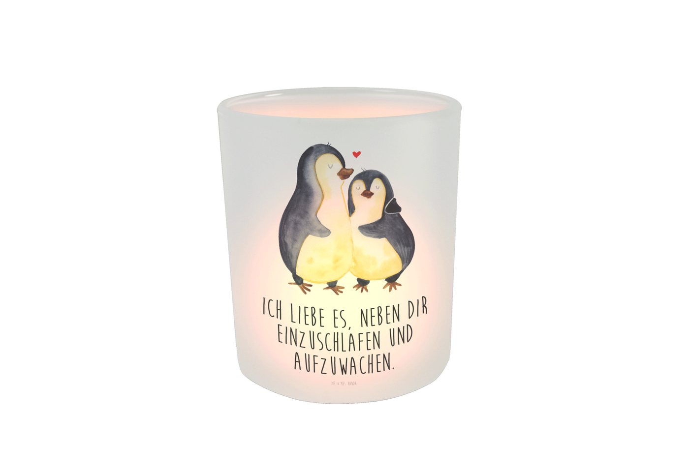 Mr. & Mrs. Panda Windlicht Pinguine Einschlafen - Transparent - Geschenk, Kerzenglas, Windlicht (1 St), Hochwertiges Material von Mr. & Mrs. Panda