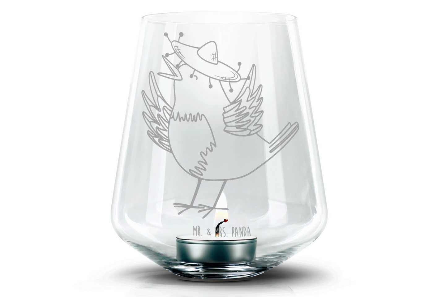 Mr. & Mrs. Panda Windlicht Rabe Sombrero - Transparent - Geschenk, Vogel, Teelicht Glas mit Grav (1 St), Persönliche Lasergravur von Mr. & Mrs. Panda