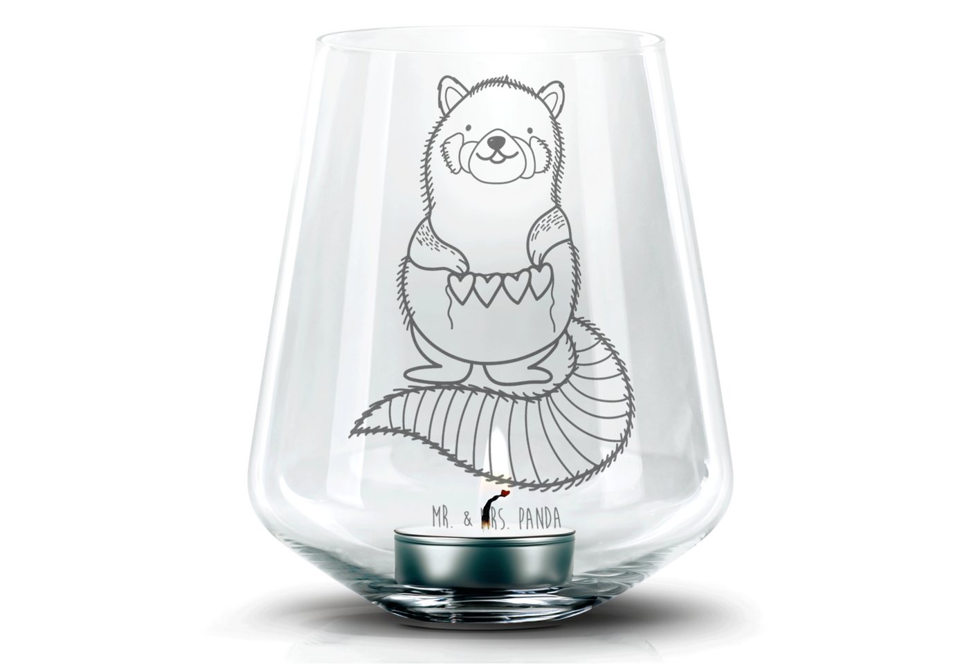 Mr. & Mrs. Panda Windlicht Roter Panda - Transparent - Geschenk, Herz, Teelicht Glas mit Gravur, (1 St), Magische Gravurmotive von Mr. & Mrs. Panda