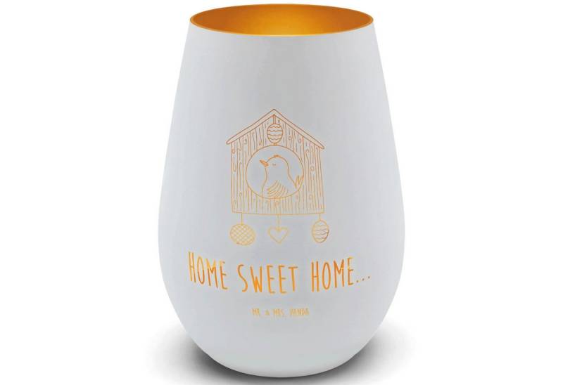 Mr. & Mrs. Panda Windlicht Vogelhaus Home - Weiß - Geschenk, Tiere, Windlicht Glas Gold, Einzugs (Packung, 1 St., Vogelhaus sweet Home), Inklusive Teelicht von Mr. & Mrs. Panda