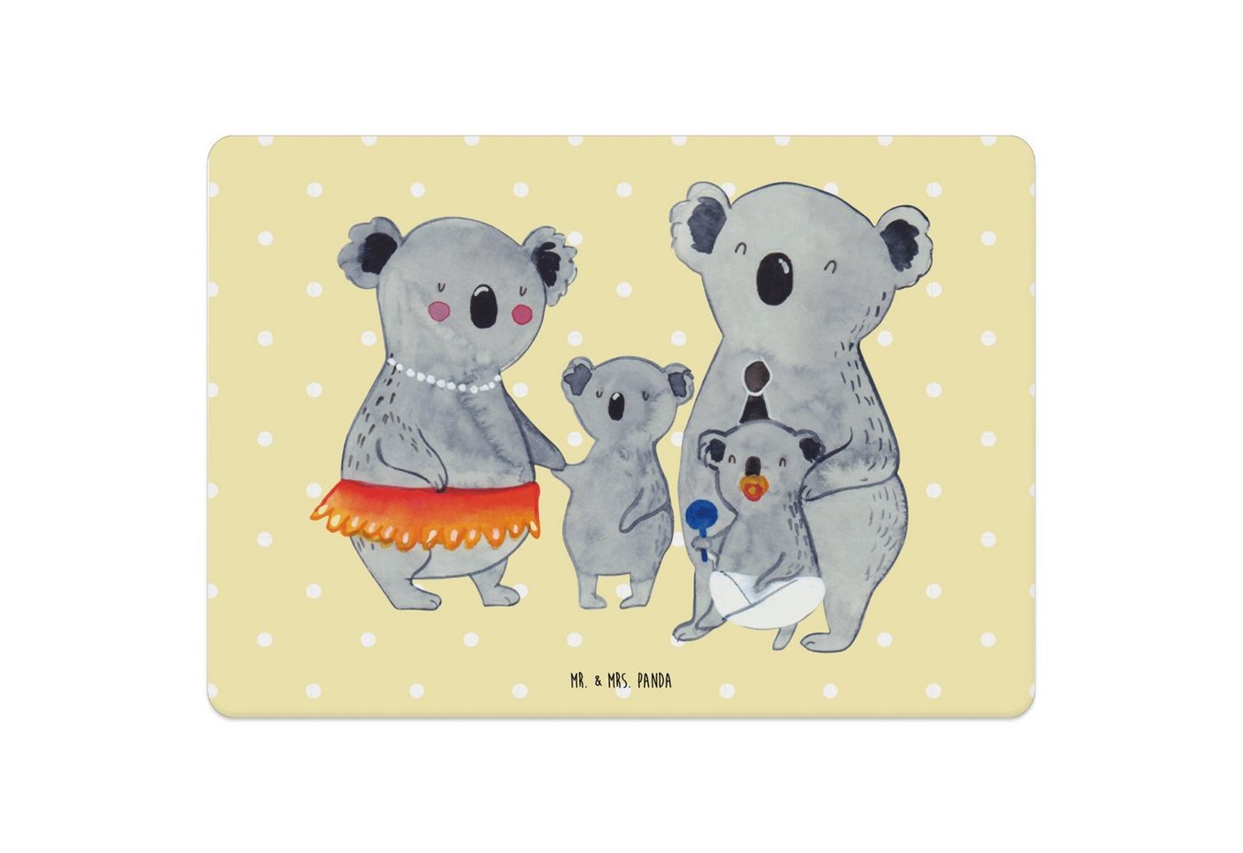 Platzset, Koala Familie - Gelb Pastell - Geschenk, Muttertag, Papa, Koalas, Fam, Mr. & Mrs. Panda, (1-St), Lebensmittelecht, BPA-frei von Mr. & Mrs. Panda