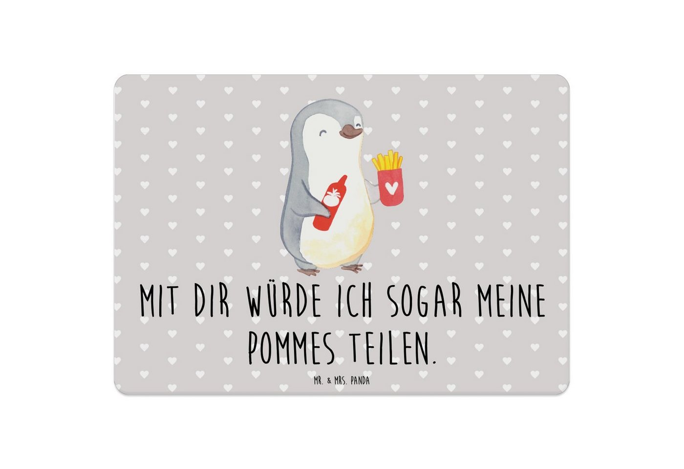 Platzset, Pinguin Pommes - Grau Pastell - Geschenk, Tischset, Liebe, Jahrestag, Mr. & Mrs. Panda, (1-St), Designs mit Liebe von Mr. & Mrs. Panda