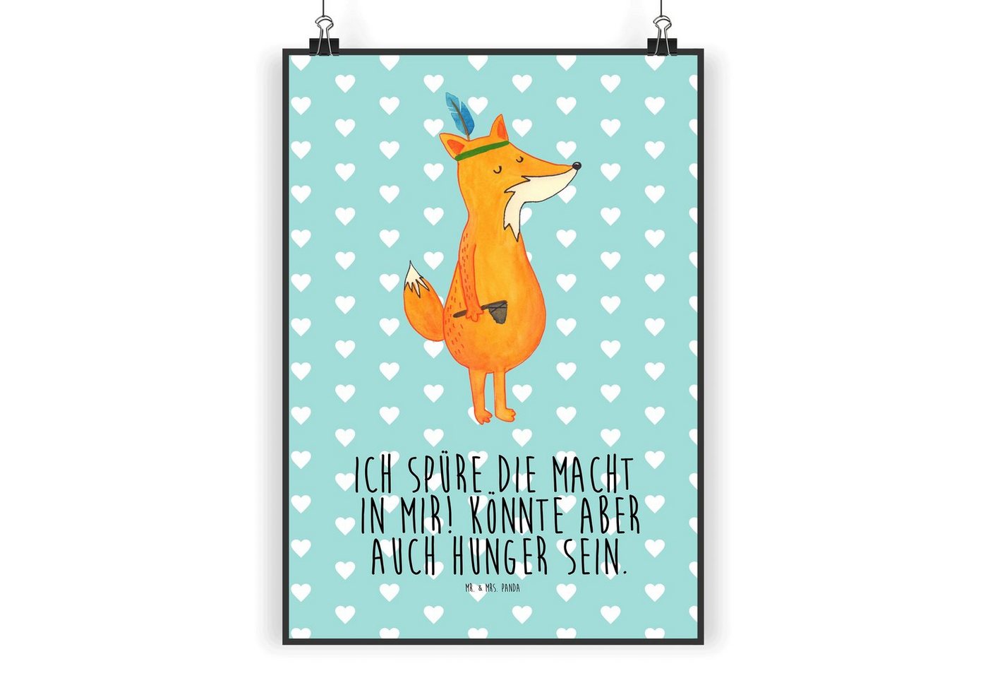 Poster Fuchs mit Federkopfschmuck - Türkis Pastell - Kochen, Poster, Wanddeko, neugierig, Geschenk, Wandposter, Bild, Spruch, Füchse, abenteuerlustig, Fuchs Federschmuck (1 St) von Mr. & Mrs. Panda