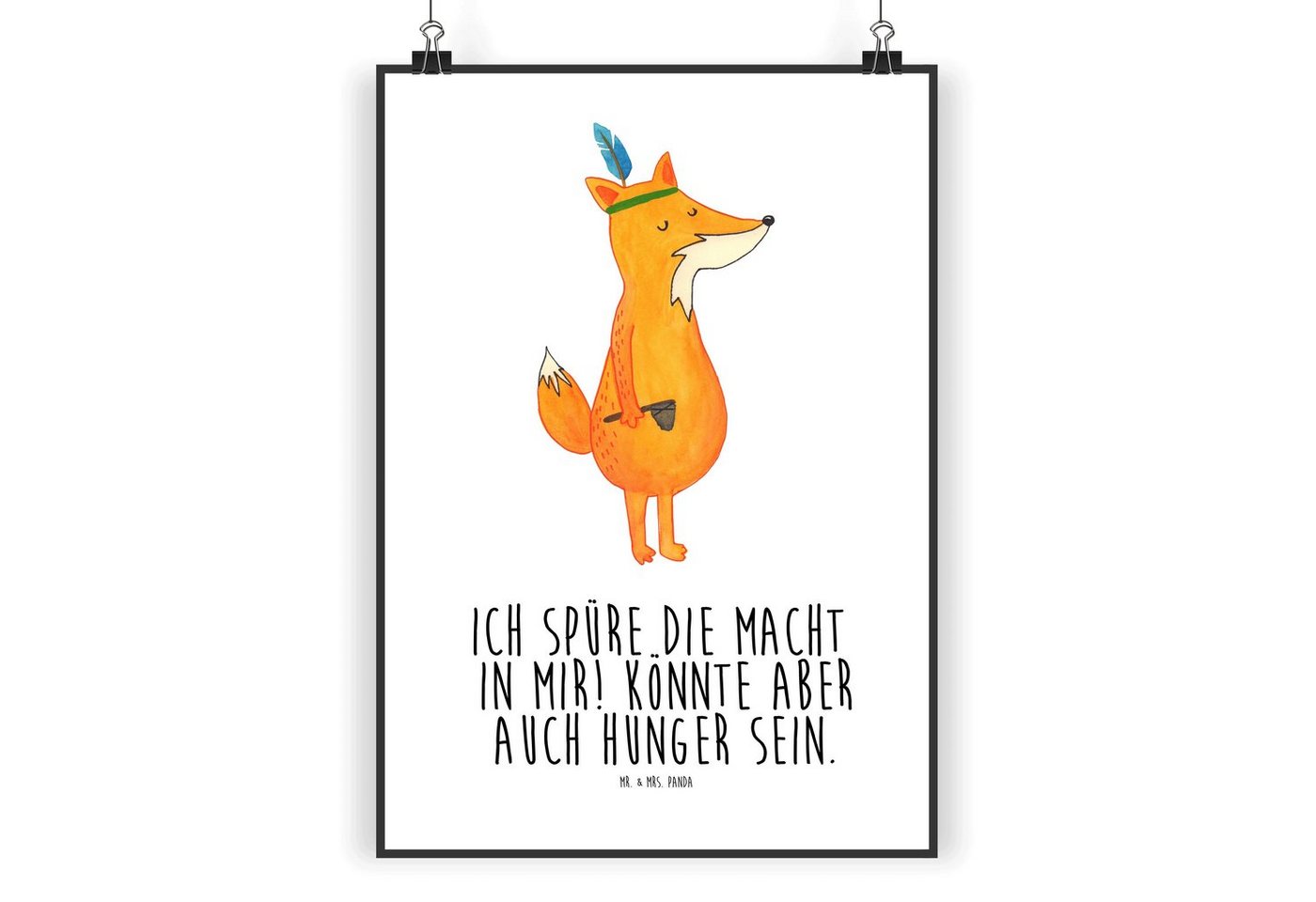 Poster Fuchs mit Federkopfschmuck - Weiß - abenteuerlustig, Wanddeko, Hunger, Füchse, Wandposter, Geschenk, Poster, neugierig, witzig, Abenteuer, Bild, Fuchs Federschmuck (1 St) von Mr. & Mrs. Panda