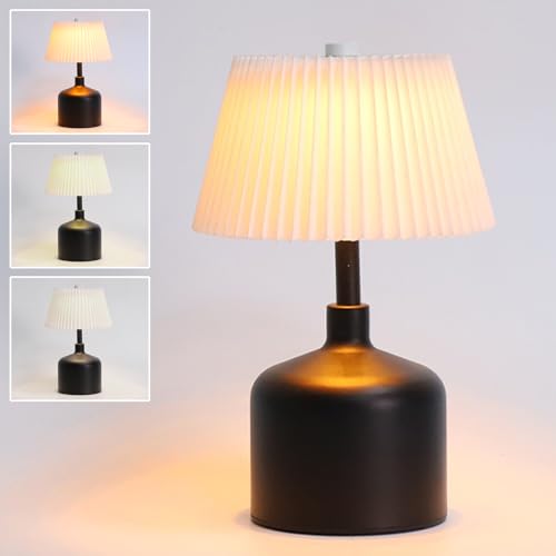 Mr.Sun Vintage LED Tischlampe Weißer Rüschenschirm Schwarze Basis Kabellos Dimmbar Touch 3 Lichtfarben USB Aufladbar Nachttischlampe Schlafzimmer Beleuchtung Nachttischlampe Touch Dimmbar von Mr.Sun