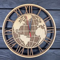 Weltkarte Wanduhr Holz Büro Hängendes Poster Globus Geschenk Für Männer Frauen 3D Zeichen Wandkunst Personalisierte Karte Uhr von MrWoodGifts