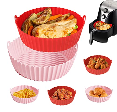 2 Groß Air Fryer Liners, Air Fryer Silicone Pot 21cm / 8.5 Zoll, Silikonform Airfryer, Wiederverwendbare Heißluftfritteuse aus Silikon für 5 bis 8 Qt Heißluftfritteuse Ofenzubehör(Rosa + Rot) von Mrchen