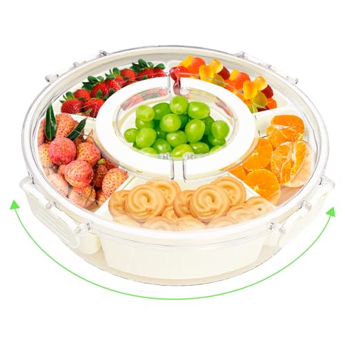 Mritrit Runde Snackbox mit Deckel, Snackschale Organizer mit 6 Fächern, 27cm Drehbar 360° Snackdose Kinder, Snackteller mit Deckel und Griff für Party & Picknick Süßigkeiten Nüsse Obst Gewürze von Mritrit