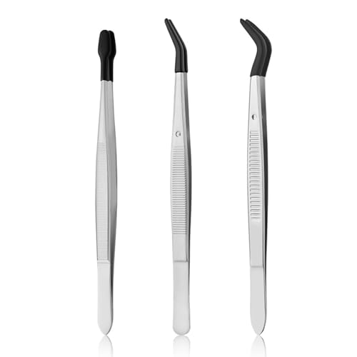 Mrltau 3 stück Pinzette mit Gummispitzen, Pinzette Lang Edelstahl Tweezers, Spitze Pinzette mit Gummispitzen, Pinzette Gebogen, Splitterpinzette für Reparatur Schmuck von Mrltau