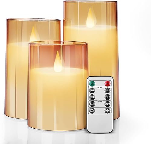 MroTech 3 LED Kerzen, Led Candle mit tropffreien Echtwachssäulen Mit realistischen tanzenden LED-Flammen Votivkerzen Elektrische Flackernde Kerzen mit Fernbedienung/Timer Teelichter für Deko,Golden von MroTech