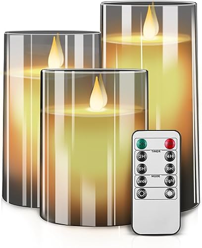 MroTech 3 LED Kerzen, Led Candle mit tropffreien Echtwachssäulen Mit realistischen tanzenden LED-Flammen Votivkerzen Elektrische Flackernde Kerzen mit Fernbedienung/Timer Teelichter für Deko,Grau von MroTech