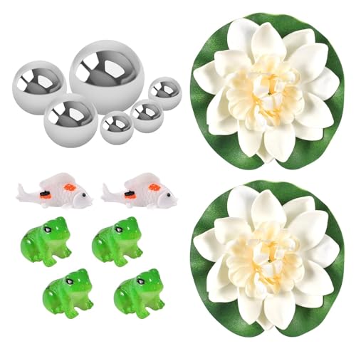 Mrracxy Klein Garten Teiche Deko Set - 4 mini Frosch, 2 Koi Karpfen mit 6 Schwimmkugeln und 2 Schwimmend Lotusblüte als Gartendekoration für Miniteich von Mrracxy