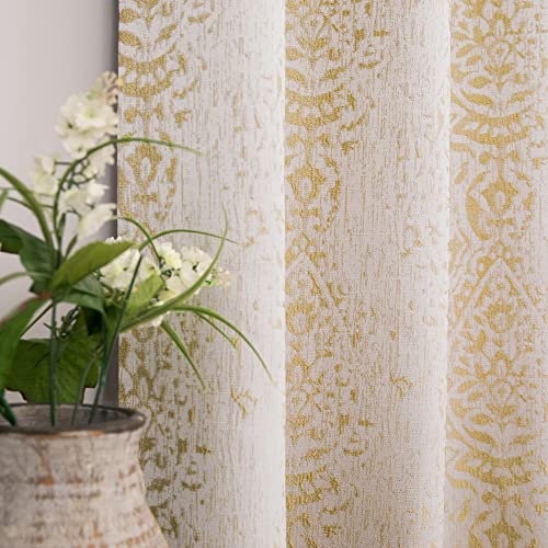 Gold Gelb Vorhänge für Wohnzimmer 213 cm Länge 2 Paneele Set Vintage Mitte des modernen Jahrhunderts 50% Verdunkelung Textur Fenster Boho Damast marokkanisches Muster Design Jacquard Elegante Luxus von Mrs.Naturall