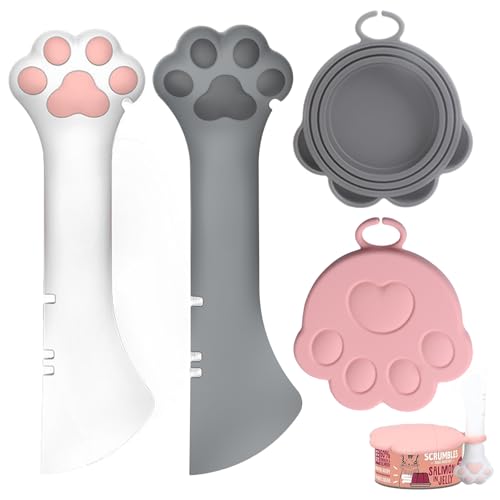 Mshepoi 2 Stück Katzenfutter Löffel mit Dosendeckel – Silikon Futterschaufel & Dosenöffner, BPA-frei, Spülmaschinenfest, Katzenpfoten Dosenöffner für Haustiere Katzen Hund Tiernassfutter Futterdose von Mshepoi