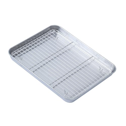 Msiud Backblech mit Kühlrost, Edelstahl Bräter Rechteckige Ofenblech Kuchenblech Tablett Baking Tray with Grill Herausnehmbarer Ofenform für Backen Braten Spülmaschinenfest (Klein) von Msiud