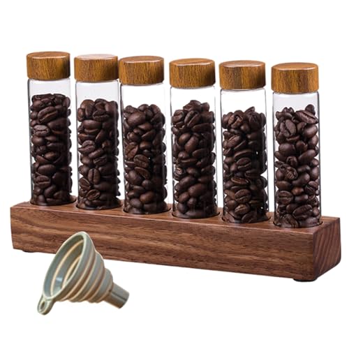 Kaffeebohnenrohre Kaffeebohnenkeller 6pcs Einzeldosis -Lagerrohre mit Holzständer ＆ Trichter luftdicht versiegelter Glasbehälter mit Deckel von Mskmnkot