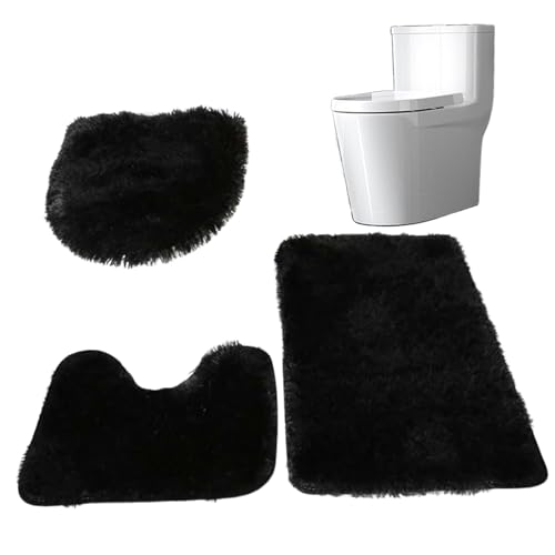 Mskmnkot 3-teiliges Badezimmerteppich Set, 3-teilige Nicht rutschfeste Badezimmerteppichset Saugfente weiche Matte mit Rechteck U-Form O-Form für Toilettenbodenschwarz von Mskmnkot