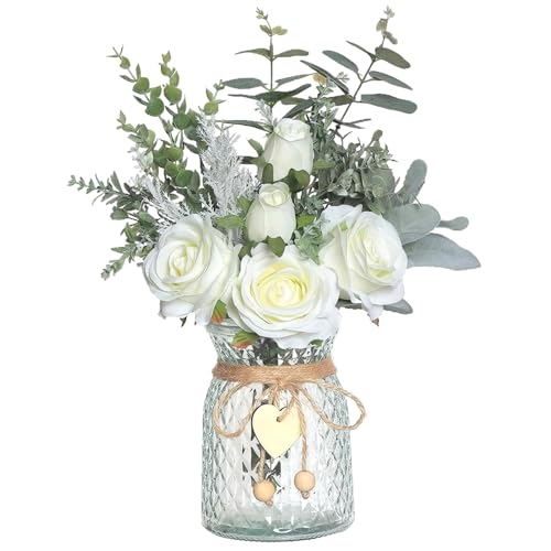 Mskmnkot Faux Blumen, künstliche Blüten in Vase, 14, 5 x 11in lebensee Seidenrosen mit grünen Blättern, weißes Kunstwerk mit blumigem Blumenstück für Heim und Büro, künstlich in Vase Mskmnkot Faux Blumen, künstliche Blüten in Vase, 14, 5 x 11in lebensee Seidenrosen mit grünen Blättern, weißes Kunstwerk mit blumigem Blumenstück für Heim und Büro, künstlich in Vase von Mskmnkot