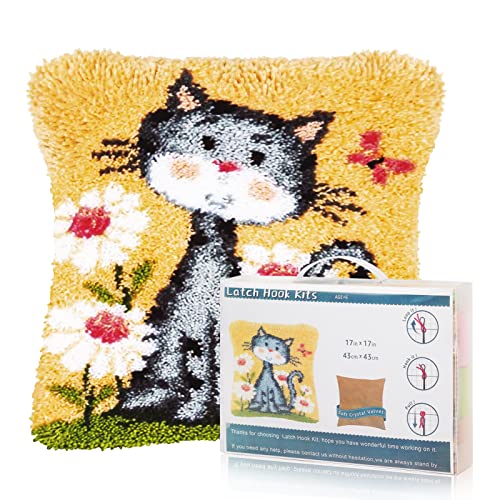 Msoesticc.dl DIY Latch Hook Kissen Kit mit Tier Muster, Katze Knüpfkissen Zum Selber Knüpfen für Anfänger Kinder Erwachsene - 43 x 43 cm (Gelb) von Msoesticc.dl