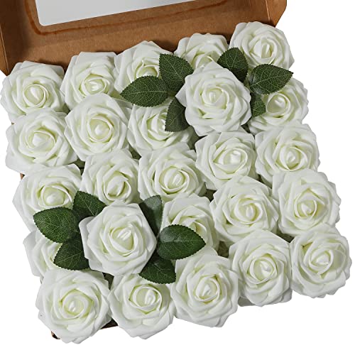 Msrlassn Künstliche Rosen Blumen Schaumrosen Foamrosen Kunstblumen Rosenköpfe Gefälschte Kunstrose Rose DIY Hochzeit Blumensträuße Braut Zuhause Dekoration (Elfenbein, 25 Stück) von Msrlassn