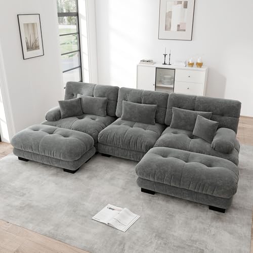 Msutree 3-Sitzer Modulares Sofa mit Ottomane, flexibel kombinierbar, modernes Design, tiefer Sitzkomfort, schneller Aufbau ohne Werkzeug, pflegeleichtes Polstermöbel für Wohnzimmer (Grey) von Msutree