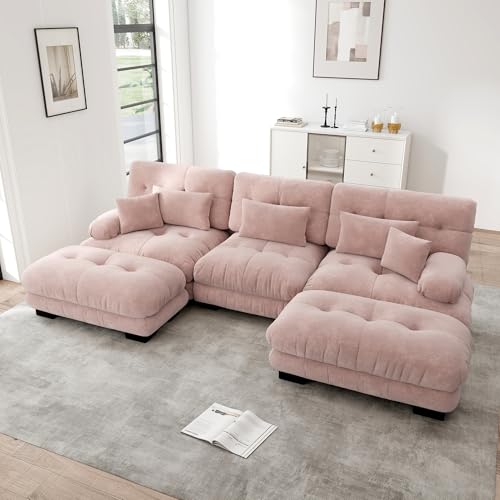 Msutree 3-Sitzer Modulares Sofa mit Ottomane, flexibel kombinierbar, modernes Design, tiefer Sitzkomfort, schneller Aufbau ohne Werkzeug, pflegeleichtes Polstermöbel für Wohnzimmer (Pink) von Msutree