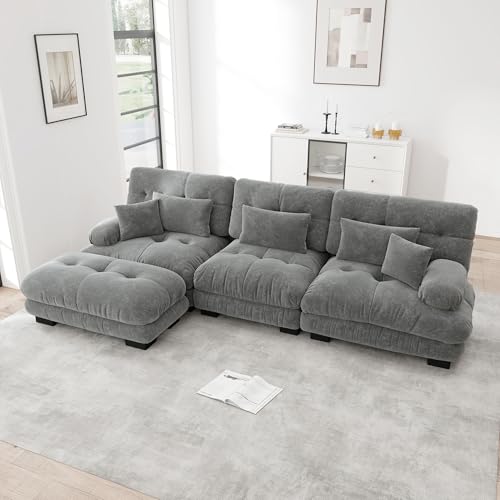 Msutree 4-Sitzer Modulares Sofa aus Velours, L Förmiges flexibel kombinierbar, modernes Design, tiefer Sitzkomfort, schneller Aufbau ohne Werkzeug, pflegeleichtes Polstermöbel für Wohnzimmer (Grey) von Msutree