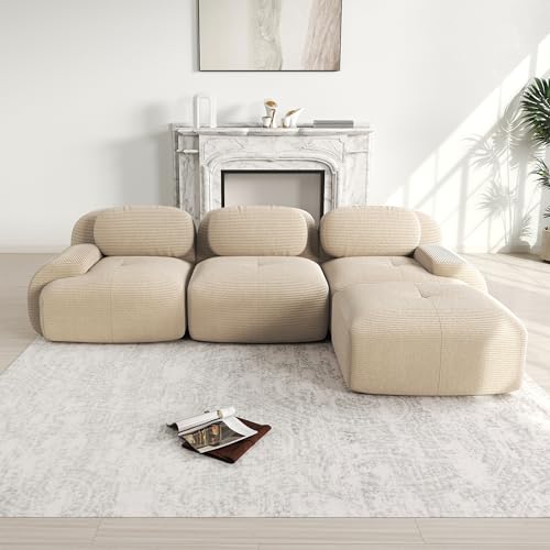Msutree Modulares Sofa aus Velours, 3-Sitzer mit Ottomane flexibel kombinierbar, modernes Design, tiefer Sitzkomfort, schneller Aufbau ohne Werkzeug (Beige) von Msutree