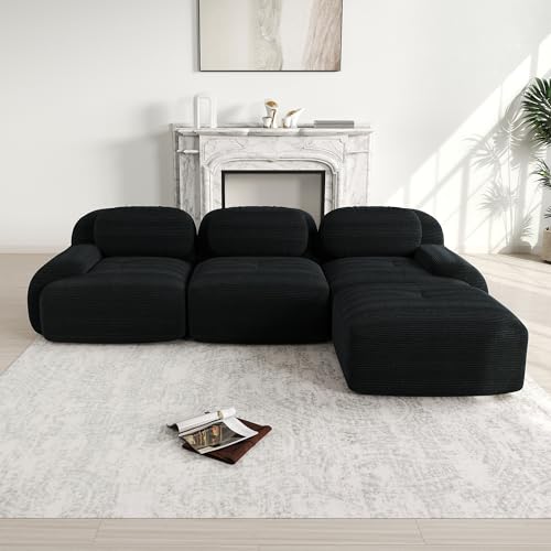 Msutree Modulares Sofa aus Velours, 3-Sitzer mit Ottomane flexibel kombinierbar, modernes Design, tiefer Sitzkomfort, schneller Aufbau ohne Werkzeug (Black) von Msutree