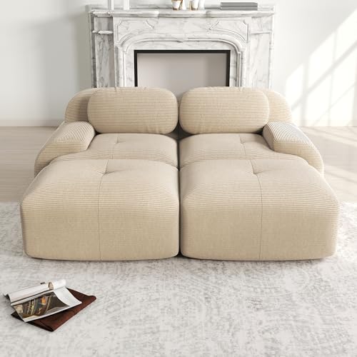 Msutree Modulares Sofa aus Velours,2-Sitzer mit 2 Ottomane flexibel kombinierbar, modernes Design, tiefer Sitzkomfort, schneller Aufbau ohne Werkzeug (Beige) von Msutree