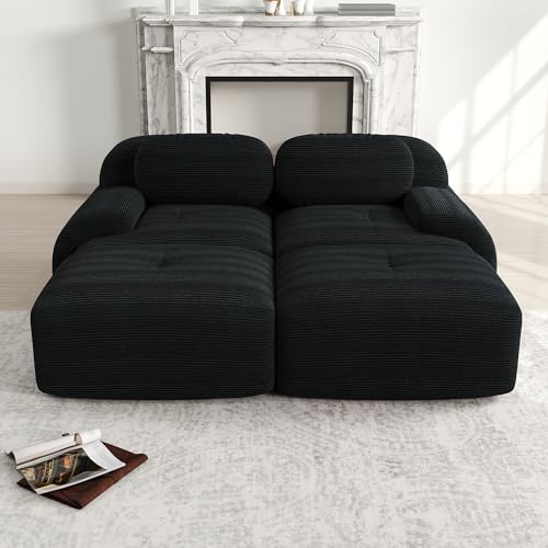 Msutree Modulares Sofa aus Velours,2-Sitzer mit 2 Ottomane flexibel kombinierbar, modernes Design, tiefer Sitzkomfort, schneller Aufbau ohne Werkzeug (Black) von Msutree