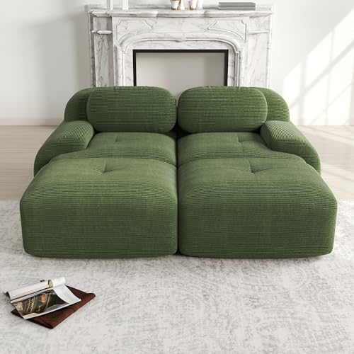 Msutree Modulares Sofa aus Velours,2-Sitzer mit 2 Ottomane flexibel kombinierbar, modernes Design, tiefer Sitzkomfort, schneller Aufbau ohne Werkzeug (Green) von Msutree